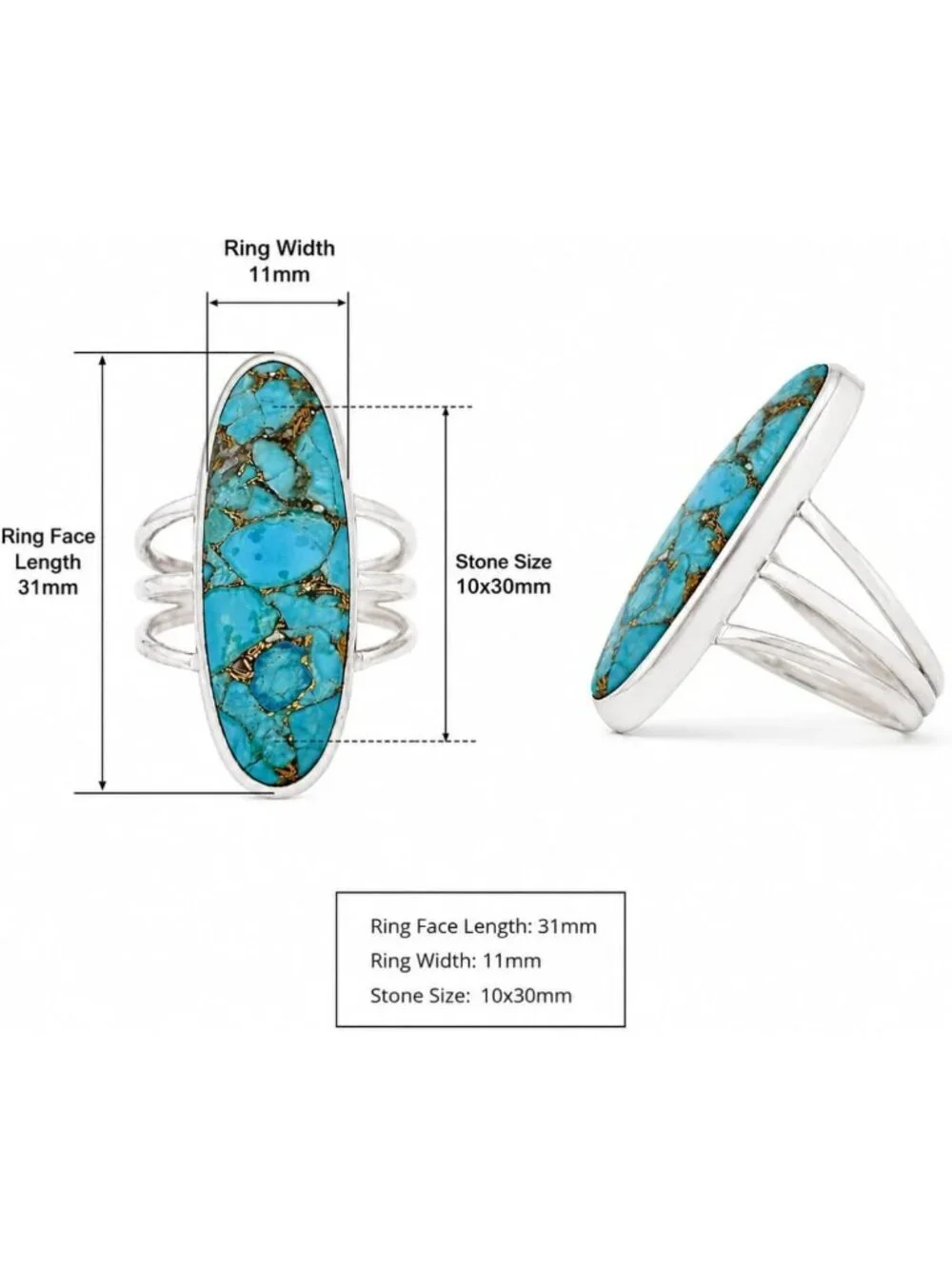 Handmade 925 Sterling Silver Long Oval Turquoise Statement Ring for Women